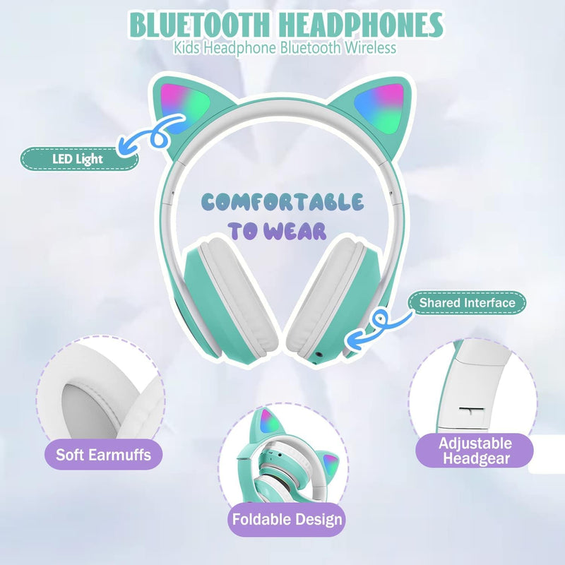 Bluetooth kopfhörer Kinder,Mädchen Katzenohr Kopfhörer Over-Ear mit LED-licht Faltbare Stereo Kopfhö