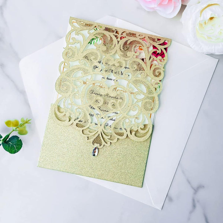 Hosmsua Blnak Hochzeitseinladungskarten mit Strass und Umschlägen, lasergeschnitten, Champagner-Gold
