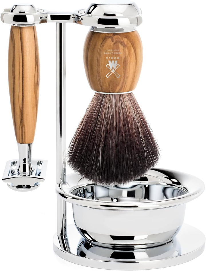 MÜHLE Vivo Rasierset - Rasierhobel, Rasierpinsel Black Fibre, Halterung mit Schale, Griffe aus edlem