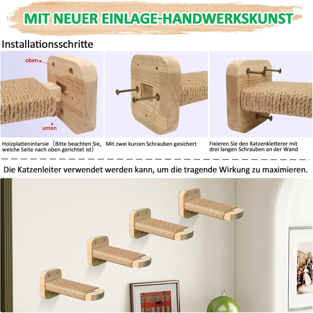 Katzentreppe Wand(4pcs), Kletterwand Katzen, mit Einlage-Handwerkskunst, aus 2cm Massives Gummiholz,