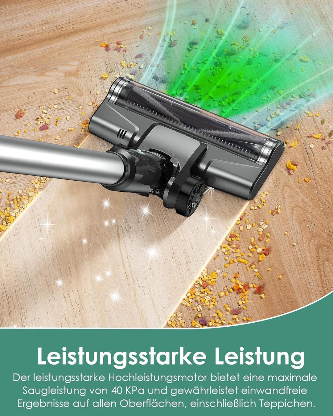VersLife Akku Staubsauger Kabellos, 500W/45KPA Stabstaubsauger mit LED-Display und grüne Frontleucht