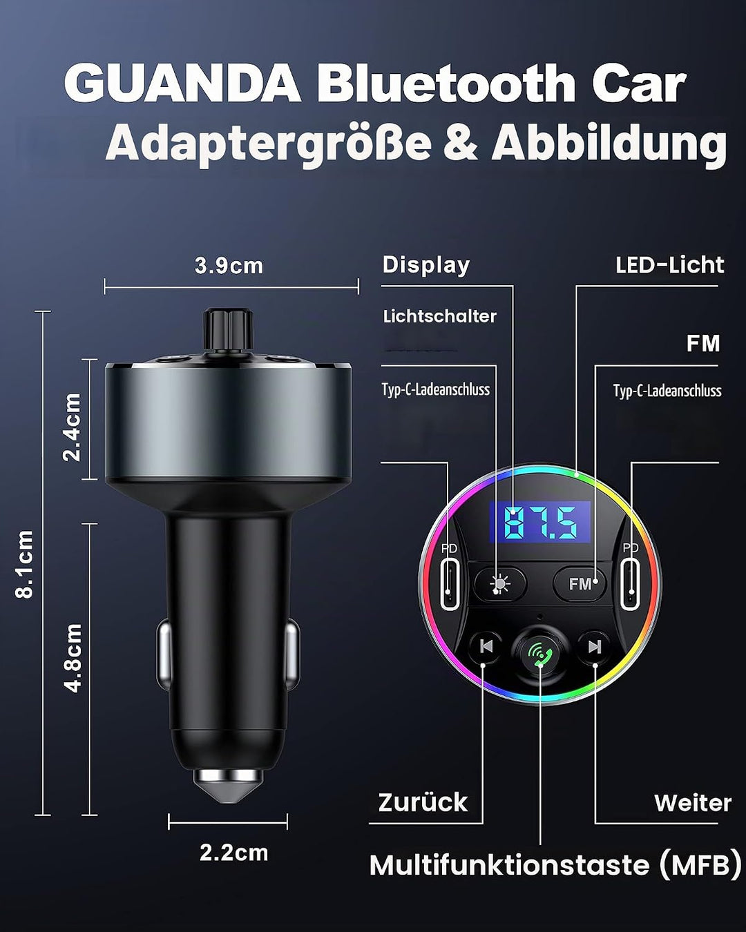 Bluetooth Adapter Auto 5.3 FM Transmitter für Freisprechanrufe mit PD 20W Zigarettenanzünder Bluetoo