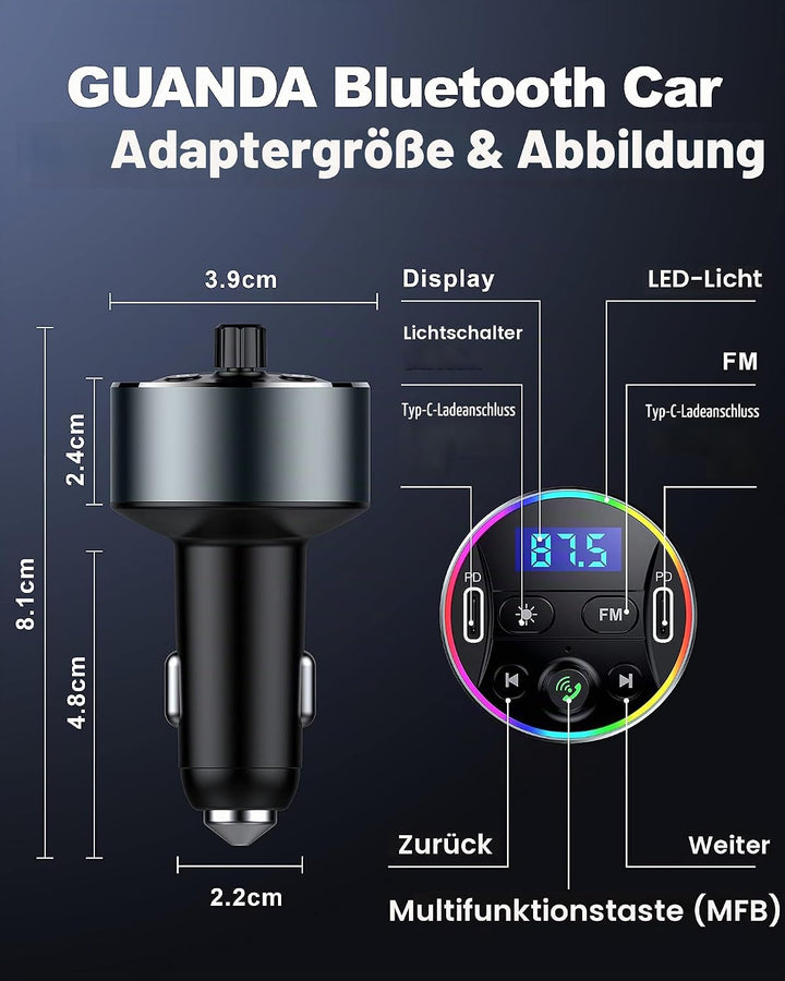 Bluetooth Adapter Auto 5.3 FM Transmitter für Freisprechanrufe mit PD 20W Zigarettenanzünder Bluetoo