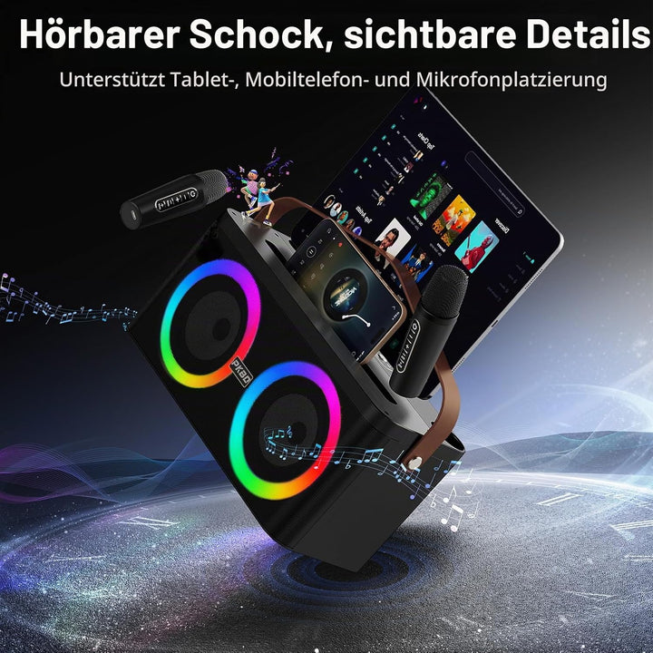 Karaoke Maschine mit Telefon-/Pad-Halterung, Tragbarer Bluetooth-Lautsprecher mit 2 kabellosen Mikro