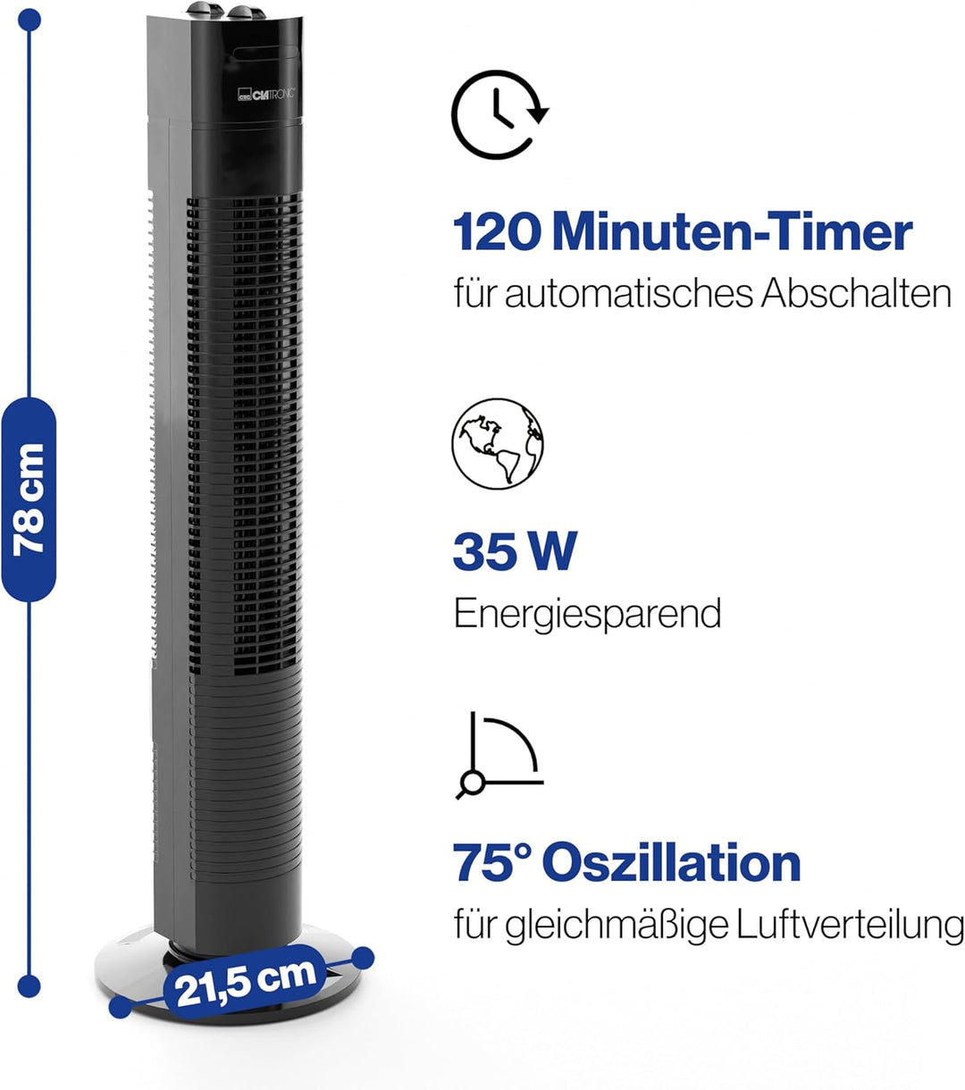 Clatronic Tower-Ventilator, TVL 3770, 3 Geschwindigkeitsstufen, 75° oszillierend (abschaltbar), 120