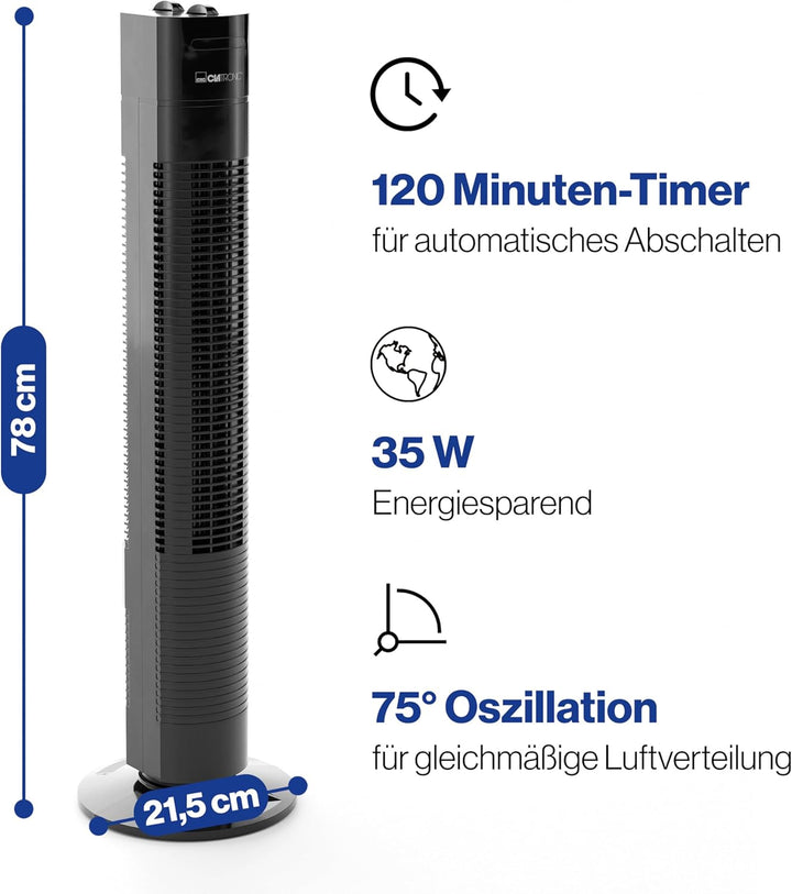 Clatronic Tower-Ventilator, TVL 3770, 3 Geschwindigkeitsstufen, 75° oszillierend (abschaltbar), 120