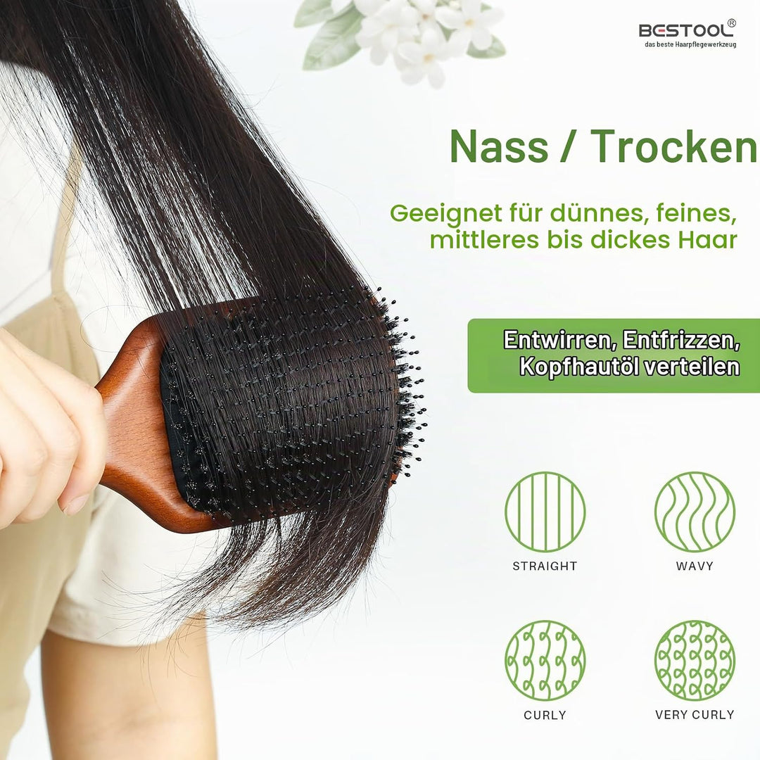 BESTOOL Haarbürste, Wildschweinborsten Bürste mit Nylonstiften für Damen Herren Kinder, Grosse Paddl