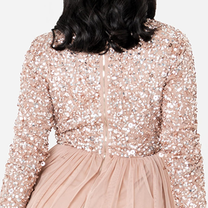 Maya Deluxe Midi Elegant Hochzeit Ärmel Tiefer V Ausschnitt Pailletten Cocktailkleid Abschlussball B