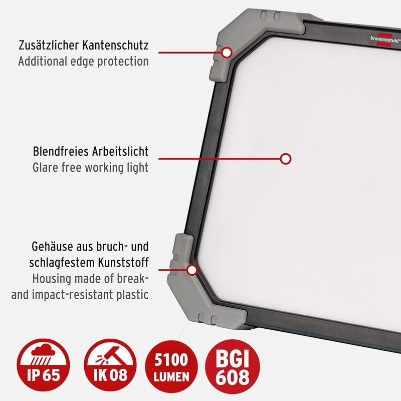 Brennenstuhl LED Arbeitsstrahler DINORA 5050 (45W, 5100lm, 5700K, IP65, LED Arbeitsstrahler mit bruc