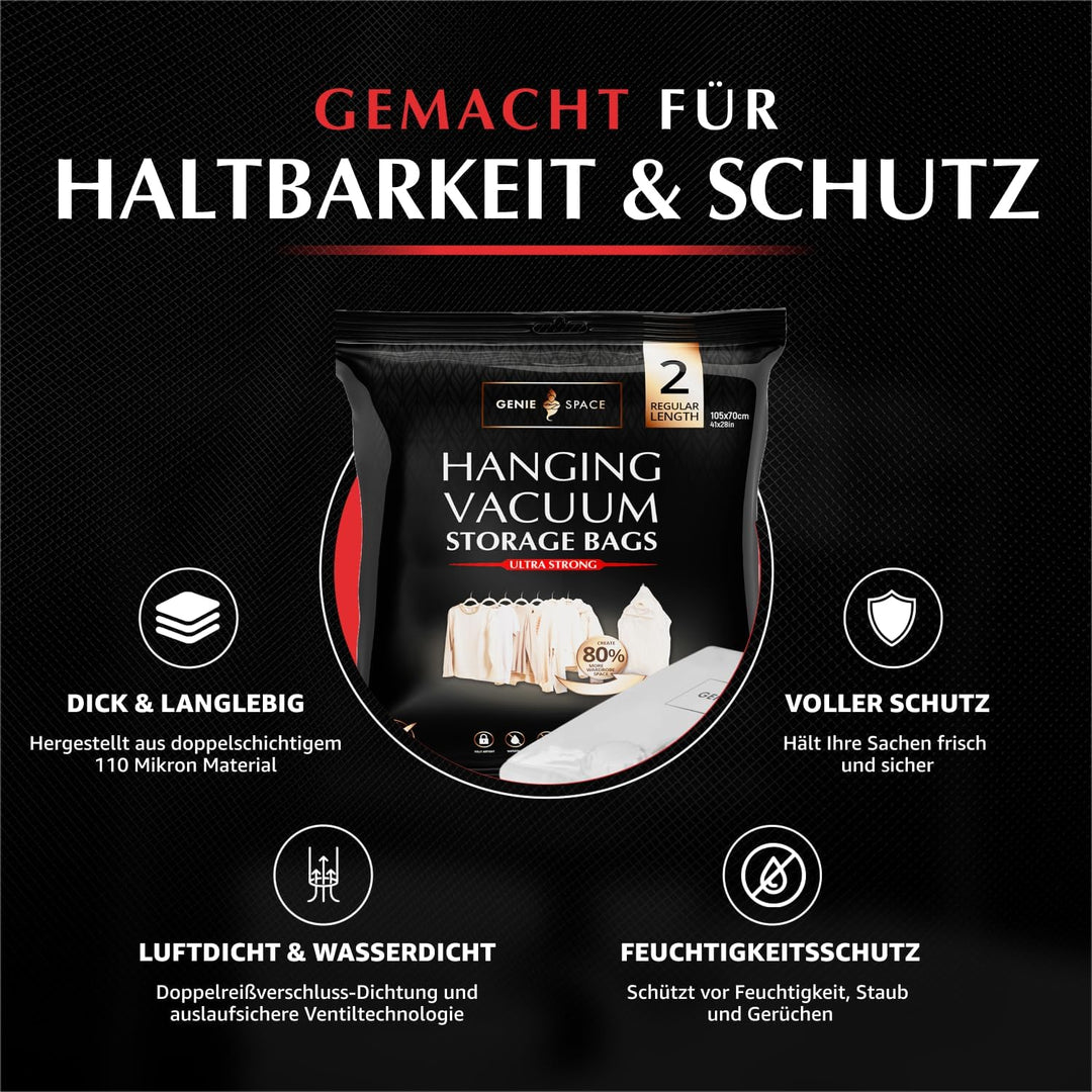 GENIE SPACE Hängende Vakuumbeutel - 2er Pack, normale Länge | Platzsparende Garderoben Vakuumierbeut