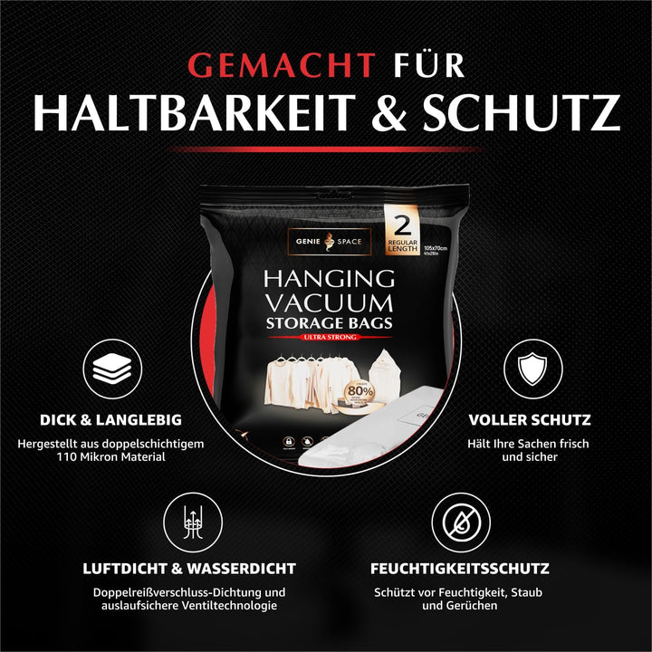 GENIE SPACE Hängende Vakuumbeutel - 2er Pack, normale Länge | Platzsparende Garderoben Vakuumierbeut