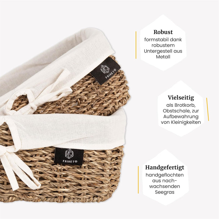 FRIHET eckiger Brotkorb aus Seegras | Rustikale Brotkörbchen mit Stoff im Scandi Style | geflochtene