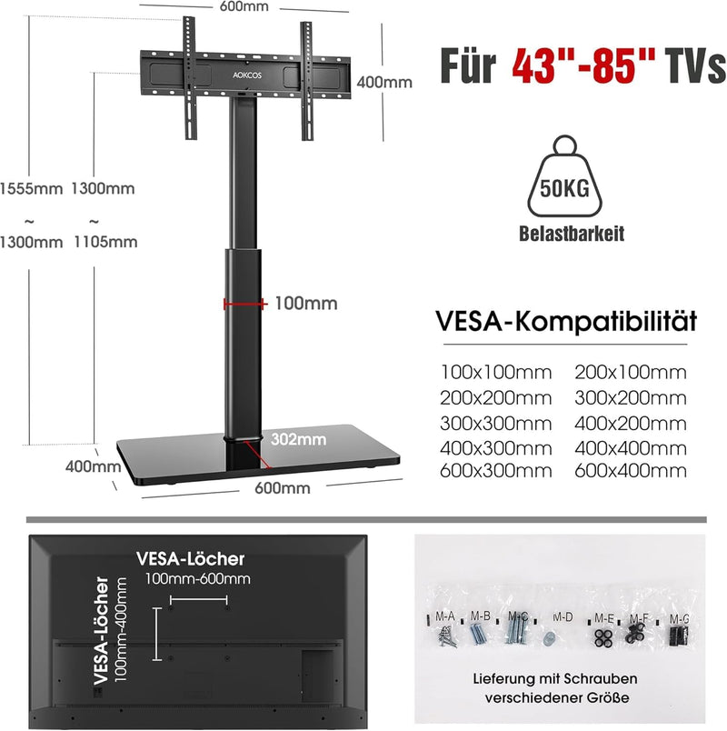 AOKCOS TV Ständer Bodenständer Höher 1.6m für 43-75 85 Zoll Fernseher, Neigbar Schwenkbar Höhenverst