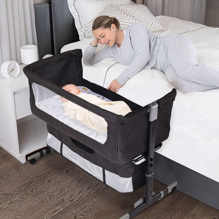 homewell 3 in 1 Babybett Beistellbett, Wiege mit Moskitonetz und Aufbewahrungskorb, Faltbares, Neigu