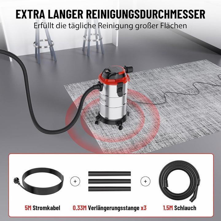 DayPlus Nass & Trocken Staubsauger, 18 Liter, 1200W Motor, 19 Kpa, 5m Kabel, 1,5 Flexible Schlauch,