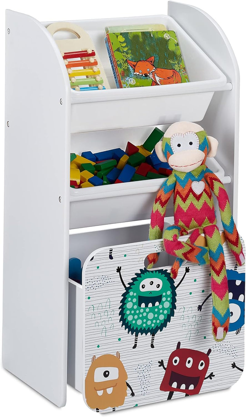 Relaxdays Kinderregal mit 3 Boxen, Monster-Motiv, Kiste mit Rollen, HBT: 80,5x42,5x30 cm, schmales S