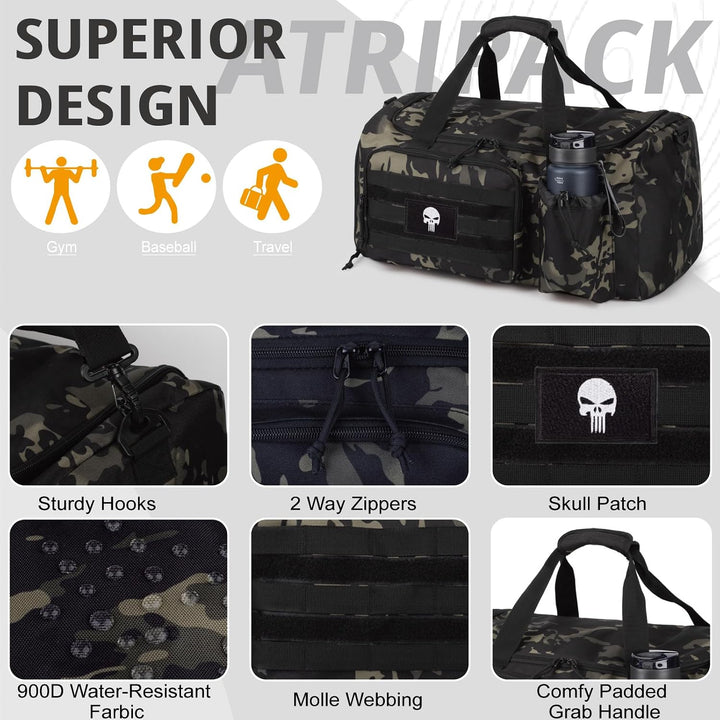 Taktische Sporttasche für Herren, 40L grosse Reisetasche mit Schuhfach, Sporttasche mit Nassfach, Mu