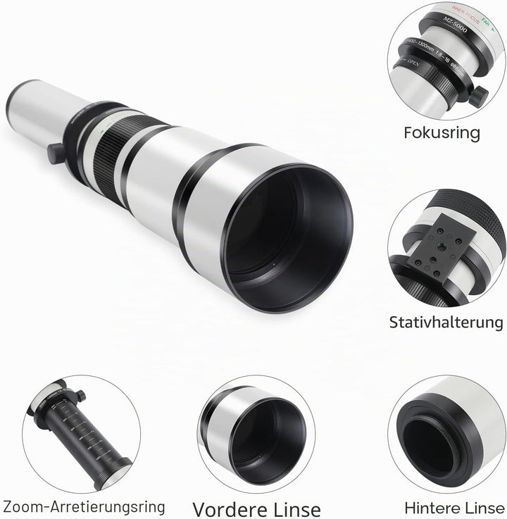 JINTU Teleobjektiv EF 650-1300mm F8 EF Objektiv für Canon SLR, Manueller Fokus MF Zoom Objektiv für