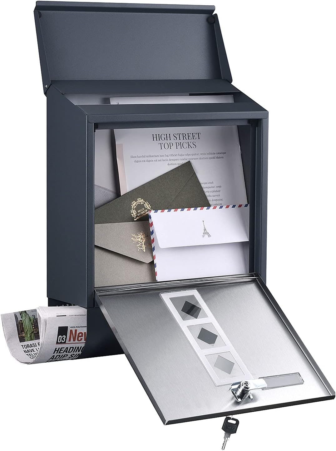 Wiltec Designer Briefkasten V36 Anthrazit und Edelstahl 305 x 105 x 385 mm, Wandbriefkasten mit Schl