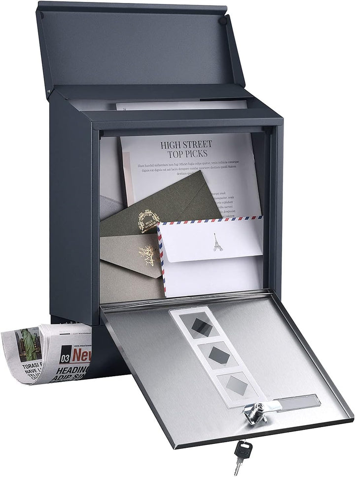 Wiltec Designer Briefkasten V36 Anthrazit und Edelstahl 305 x 105 x 385 mm, Wandbriefkasten mit Schl