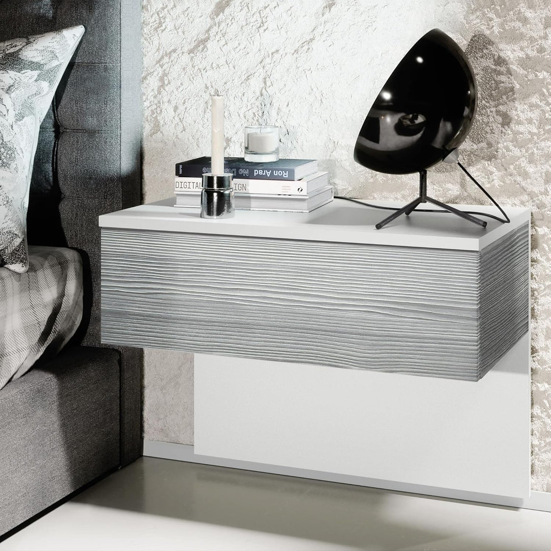 Vladon Nachttisch Sleep, Nachttischschrank mit Schublade zur Wandmontage, Weiss matt/Avola-Anthrazit