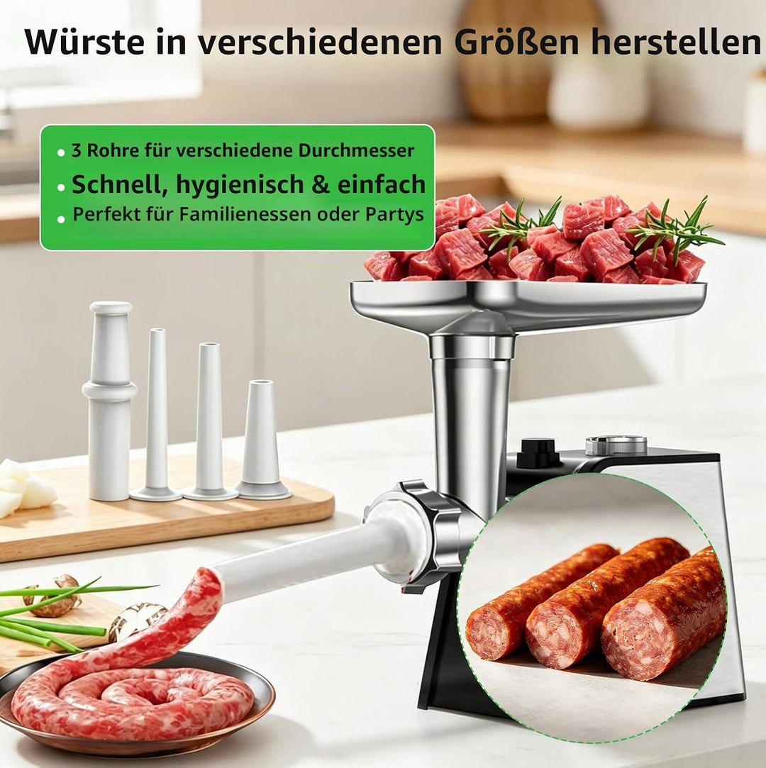 Elektrischer Fleischwolf 3 in 1 mit Wurstfüller, 3200W Fleischwolf Edelstahl, Wurstmacher mit 3 Wurs