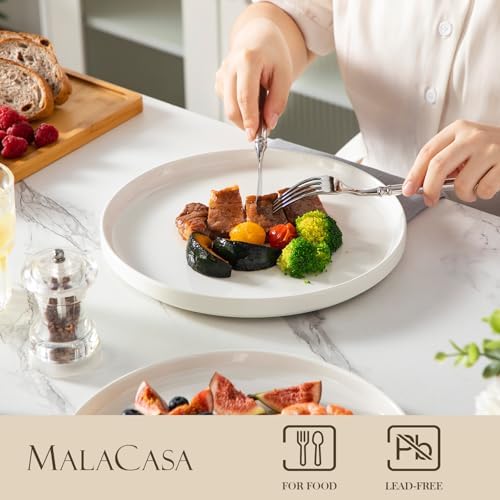 MALACASA Speiseteller 12 Personen, Ø 26 cm Grosse Teller Set aus Porzellan, 12-tlg Moderner Weisser