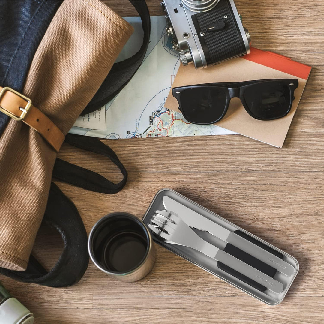 MONBENTO - Besteck zum Mitnehmen mit Etui MB Slim Box Onyx - Tragbares Besteck mit 3 Teilen Messer,