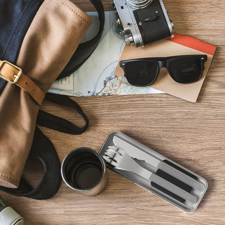 MONBENTO - Besteck zum Mitnehmen mit Etui MB Slim Box Onyx - Tragbares Besteck mit 3 Teilen Messer,