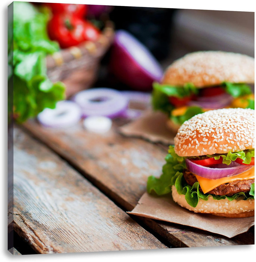 Pixxprint Leckere Burger, Format: 70x70 auf Leinwand, XXL riesige Bilder fertig gerahmt mit Keilrahm