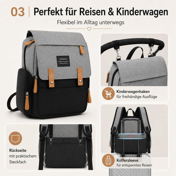 Heberlein Prestige Baby Wickelrucksack - grosse Wickeltasche für Mama &amp; Papa, wasserabweisend mit vi