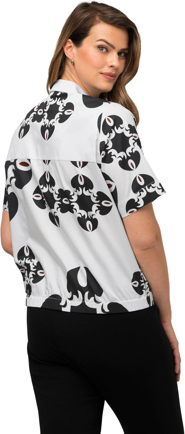 Ulla Popken Damen grosse Grössen Übergrössen Plus Size Bluse, grafischer Druck, Saumknoten, Hemdkrag