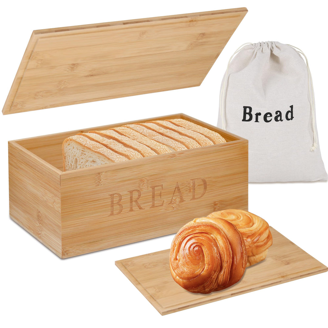 Brotkasten Holz mit Schneidebrett Deckel & Leinenbeutel – Bambus Brotdose für frische Brotaufbewahru