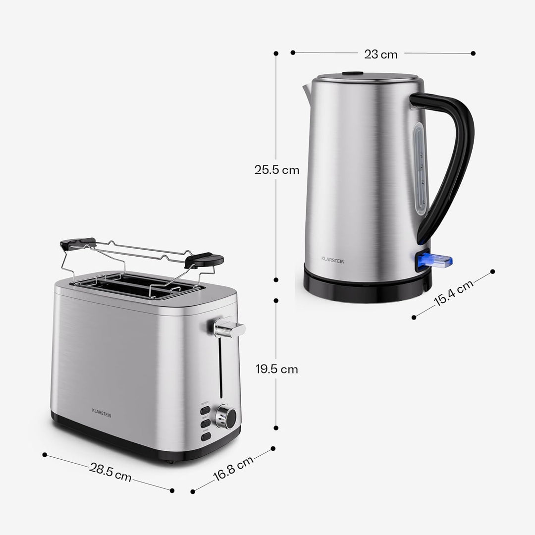 Klarstein Verosteel Toaster Wasserkocher Set - Edelstahl, 2 Scheiben Toaster mit 7 Bräunungsstufen &