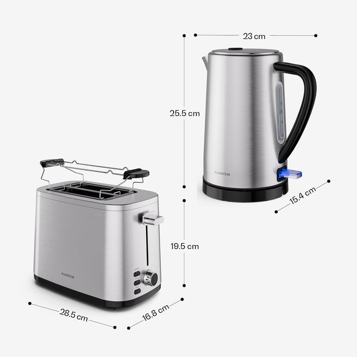 Klarstein Verosteel Toaster Wasserkocher Set - Edelstahl, 2 Scheiben Toaster mit 7 Bräunungsstufen &