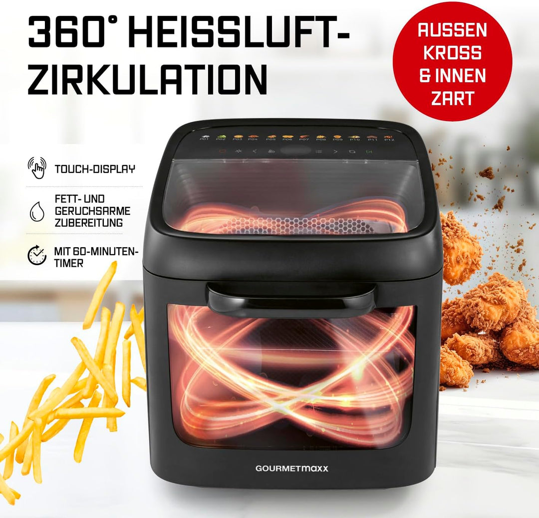 GOURMETmaxx Heissluftofen mit Panoramadach & Frontfenster 12,5 L | Heissluftfritteuse mit 9 Funktion