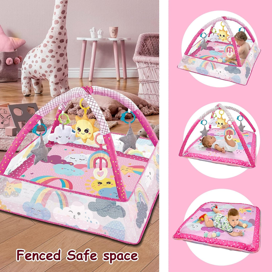 Sinbide Spieldecke für Babys, Spielmatte mit Spielbogen, Spielmatte und sensorische Spielzeuge für B