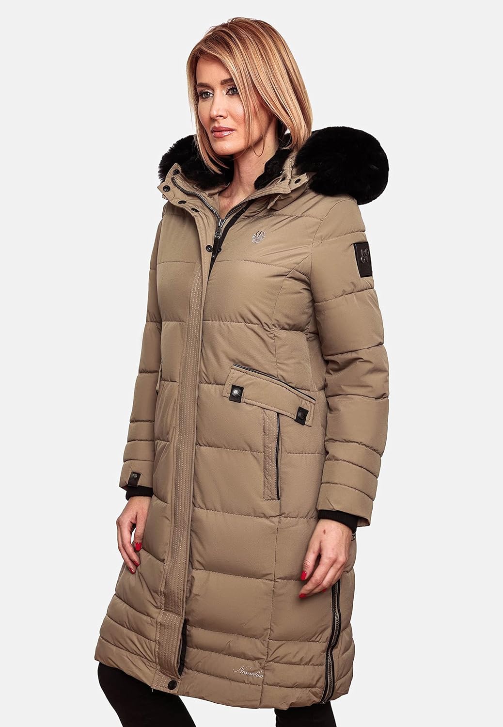 Navahoo Damen Wintermantel Warmer Steppmantel lang mit Abnehmbarer Kapuze Fahmiyaa XS-3XL M Taupe Gr