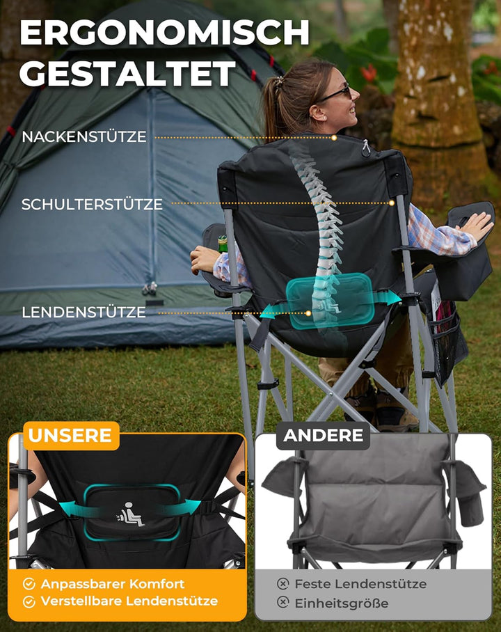KingCamp Campingstuhl mit Verstellbarer Rückenlehne und Kühltasche bis 160 kg belastbar Schwarz, Sch