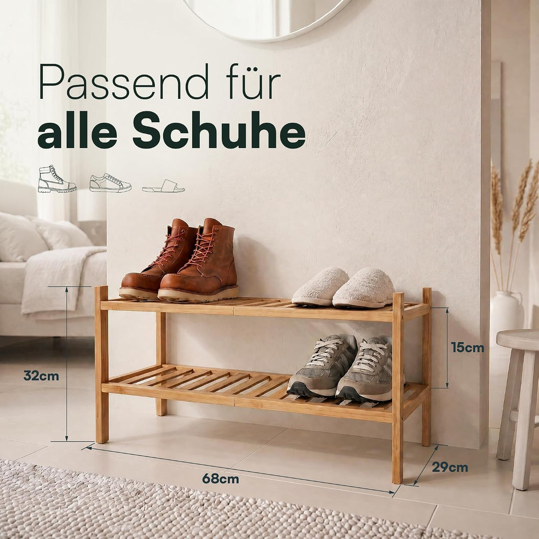 Schuhregal aus Bambus, Schuhablage mit 2 Ebenen, 68 x 28 x 32 cm, Erweiterbar Stapelbar, Schuhschran