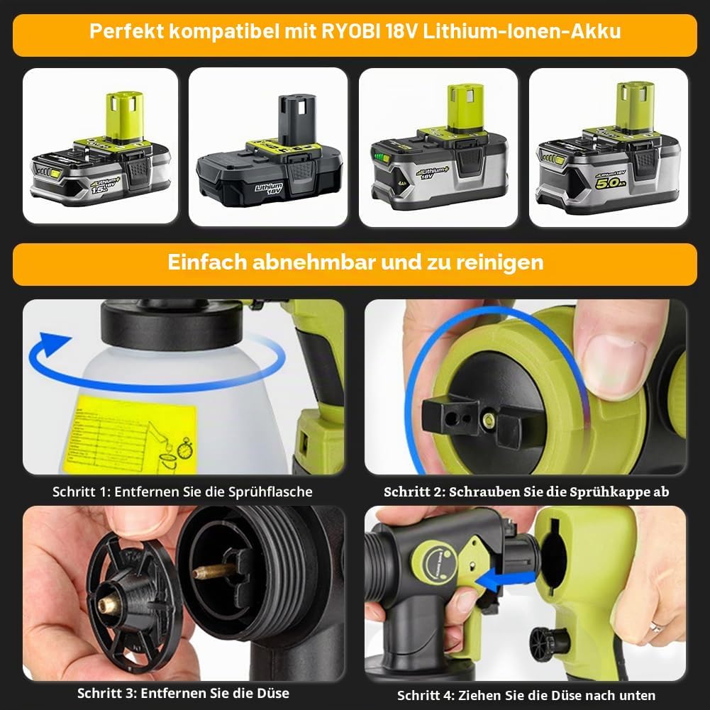 Farbsprühsystem Elektrisch für Ryobi 18V Akku, HVLP Aktualisiert Farbsprühgerät mit 4 Düsen, 3 Sprit
