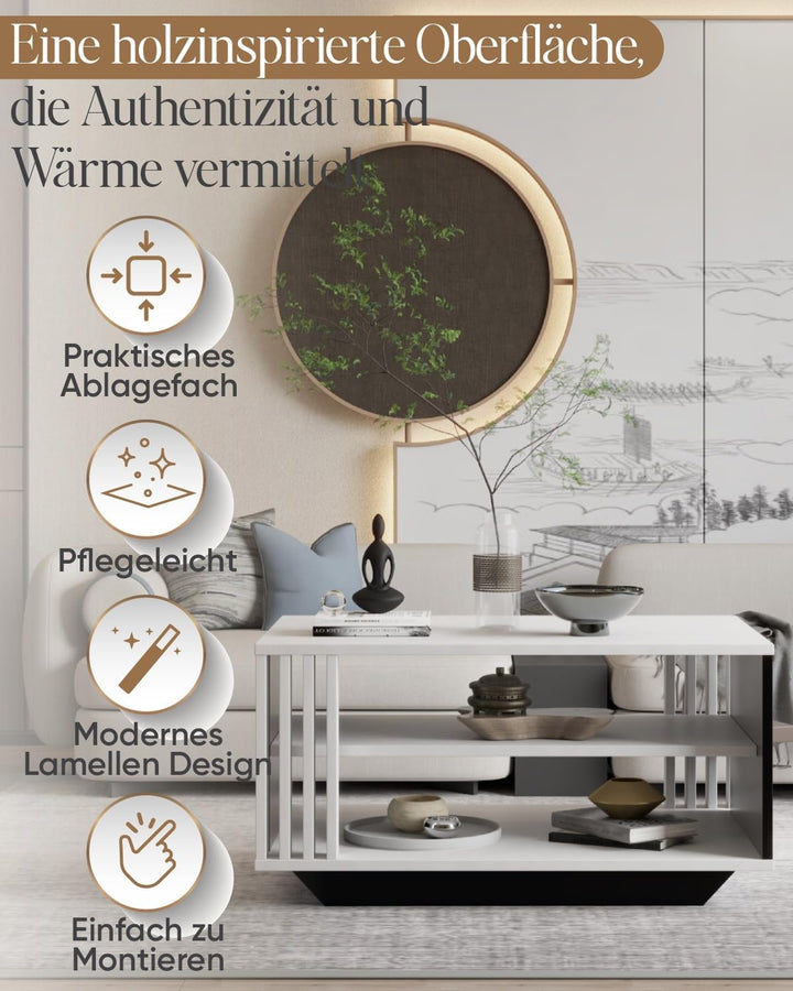 Viosimc Couchtisch, Wohnzimmertisch mit modernen Lamellen, moderner und stilvoller rechteckiger Kaff