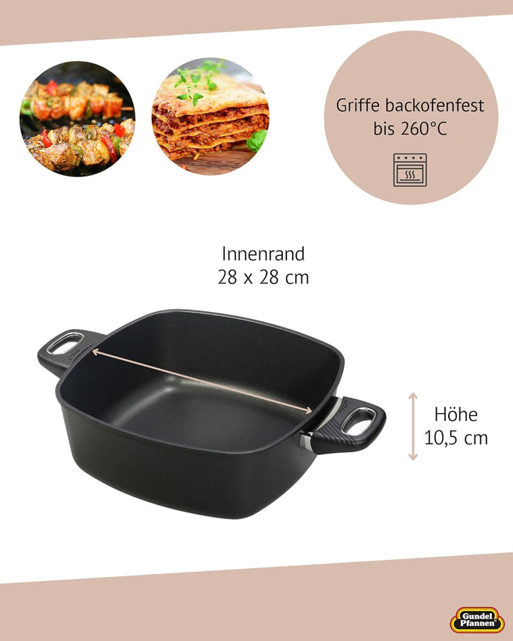 Original Gundel GUSS-QUADRAT-TOPF, 28 x 28 cm, Höhe 10,5 cm, Viereckpfanne Biotan-Oberfläche, backof