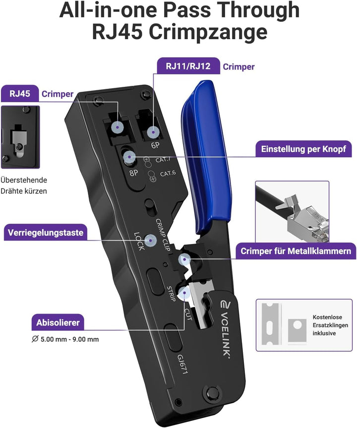 VCELINK GJ671BL Crimpzange RJ45 Presszange für stecker, Netzwerk Werkzeug für CAT 7/CAT 6A/CAT 6/CAT