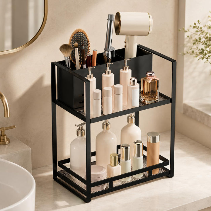 Kosmetik Organizer mit Föhnhalter, 2 Ebenen Badezimmer Organizer aus Metall, Make Up Organizer für S
