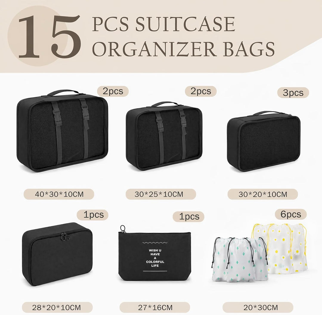 Koffer Organizer Set 15 Teilig Wasserdichte Packing Cubes Kleidertaschen | Reise Organizer Packwürfe