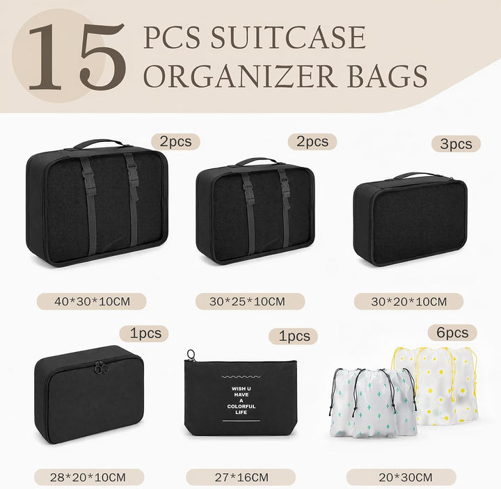 Koffer Organizer Set 15 Teilig Wasserdichte Packing Cubes Kleidertaschen | Reise Organizer Packwürfe