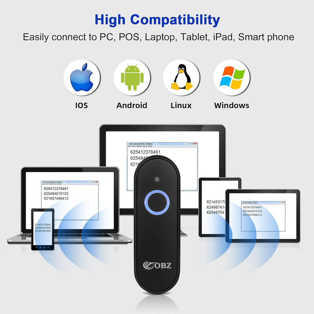 OBZ Mini 2D Barcode Scanner Bluetooth, Barcode Scanner Kabellos 3 in 1 USB & Bluetooth & 2.4G Wirele