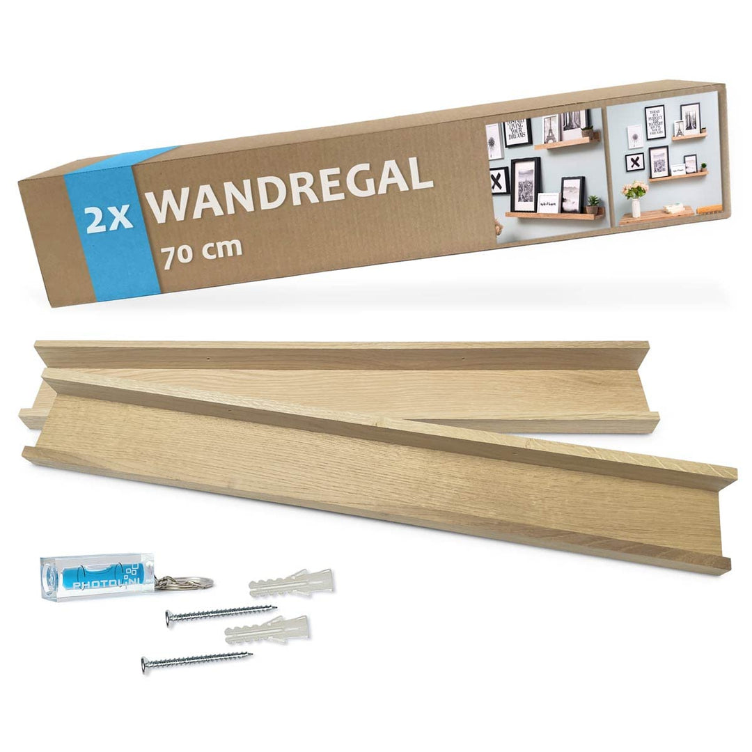 PHOTOLINI Wandregal Eiche Massivholz 70 cm, Schweberegal, 2er Set, modernes Design, Bilderleiste für