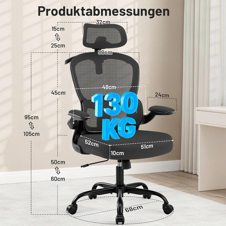 Bürostuhl, Ergonomisch mit Kopfstütze und Verstellbarer Lendenwirbelstütze, Mesh Drehstuhl für Homeo